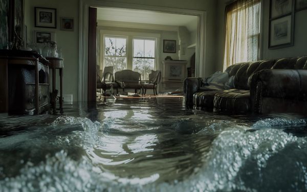 burst pipe caused flood damage in living room with water flooding the dinning room in a big wave.