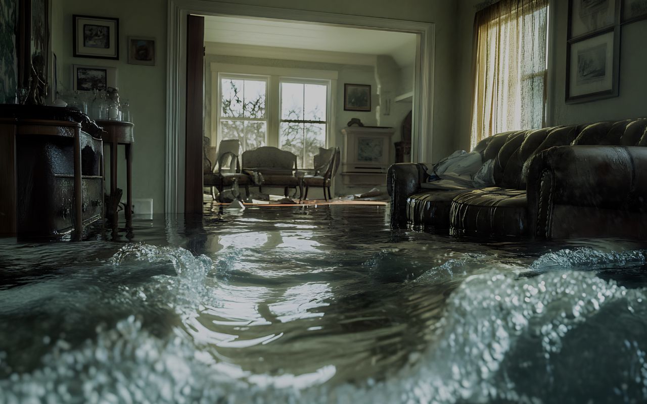 burst pipe caused flood damage in living room with water flooding the dinning room in a big wave.